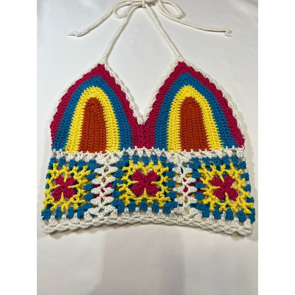 Luc-ce Crocheted Rainbow Colored Halter Top Granny Square Boho Hippie Festival